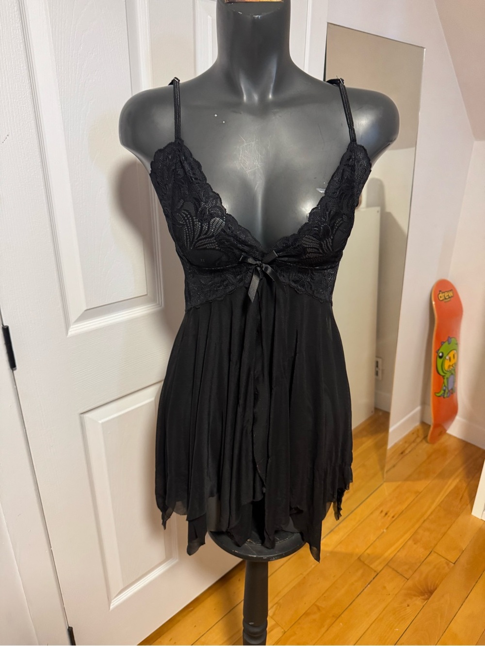 Black Lace Babydoll Chemise with Ribbon Tie
